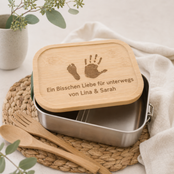Personalisierte Brotdose aus Edelstahl mit Bambusdeckel und Gravur von Hand- und Fussabdruck sowie Text „Ein bisschen Liebe für unterwegs“, ideales Geschenk für Eltern oder Familie.
