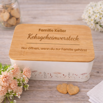 Personalisierte Keksdose mit Bambusdeckel und Gravur „Familie Keller Keksgeheimversteck“, liebevolles Geschenk für Familien mit humorvoller Botschaft.