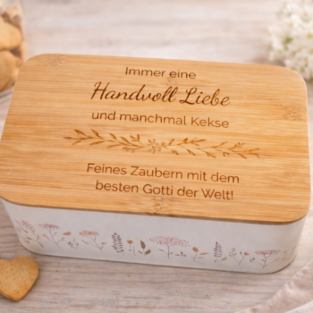 Personalisierte Keksdose mit Bambusdeckel, graviert mit liebevollem Wunschtext „Immer eine Handvoll Liebe und manchmal Kekse“, vielseitige Geschenkidee für Gotti, Mama oder andere Herzensmenschen.