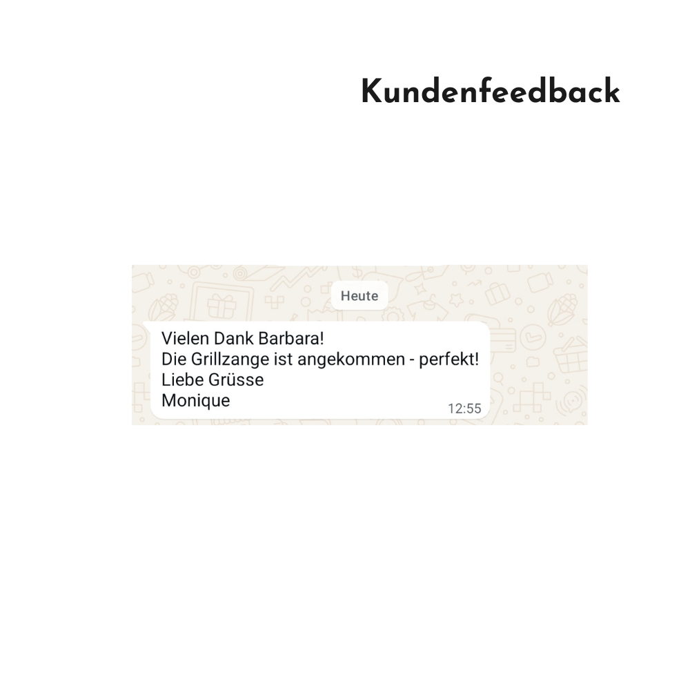 Kundenfeedback zu einer personalisierten Grillzange als Geschenk: Die Kundin bedankt sich und schreibt, dass die Grillzange perfekt angekommen ist.