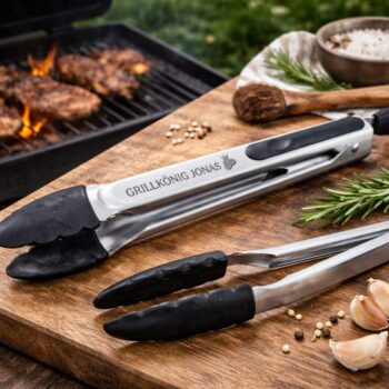 Personalisierte Grillzange Grillkönig mit Steak und Kronen Symbol aus Edelstahl mit schwarzem Silikongriff und Gravur mit Wunschnamen, auf Holzbrett neben Grill