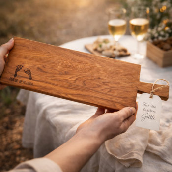 Personalisiertes Servierbrett aus massivem Eichenholz mit gravierten Fussabdrücken als Geschenk für Gotti oder Götti – emotionale Geschenkidee