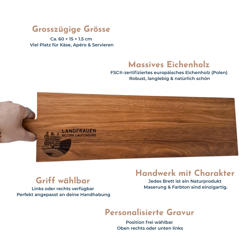 Personalisiertes Servierbrett, Aperobrett, Eichenholzbrett aus massivem Eichenholz mit Gravur und Hinweisen zu Grösse, Material und Griffwahl