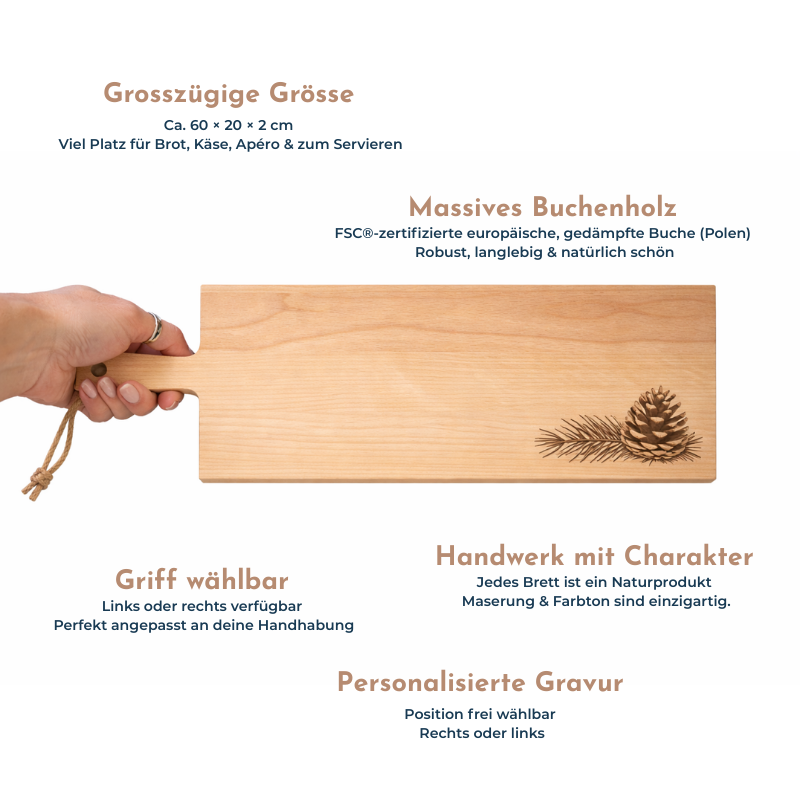 Detailansicht eines personalisierten Apérobretts aus massivem Buchenholz mit Angaben zu Grösse 60 x 20 x 2 cm, FSC-Holz, wählbarem Griff und frei positionierbarer Gravur, geeignet als Geschenk zum Geburtstag, Jubiläum, Pensionierung oder Einzug. Auch als Apérobrett, Käsebrett oder Brotbrett, Zopfbrett geeignet