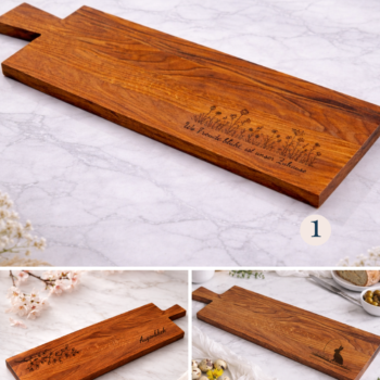 Schneidebrett aus Eichenholz mit personalisierter Gravur, erhältlich in drei unterschiedlichen Designvarianten für den Osterbrunch, als Geschenkidee im Frühling