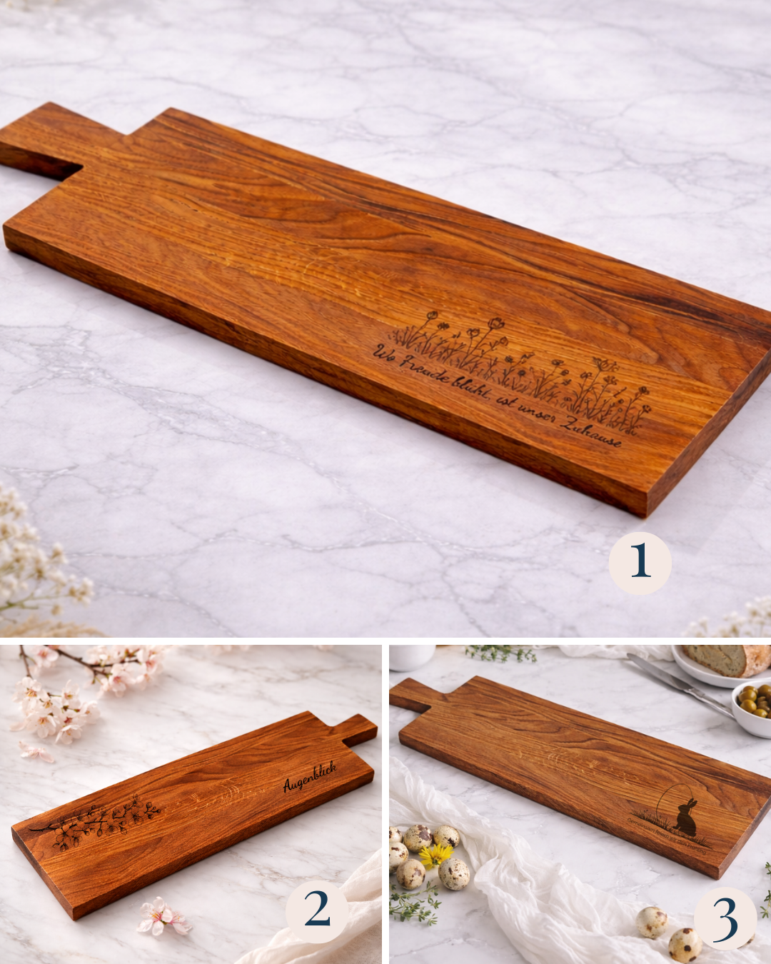 Schneidebrett aus Eichenholz mit personalisierter Gravur, erhältlich in drei unterschiedlichen Designvarianten für den Osterbrunch, als Geschenkidee im Frühling