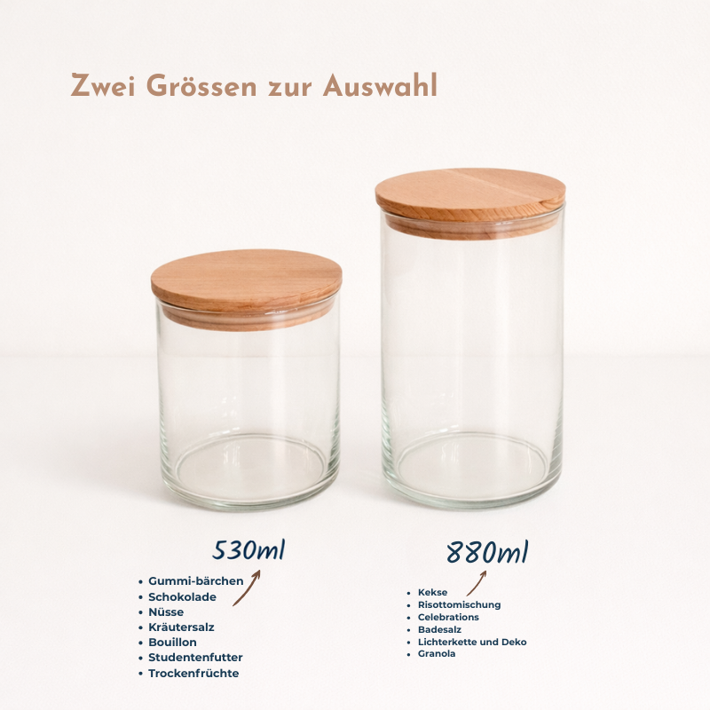Personalisiertes Aufbewahrungsglas Vorratsglas mit Holzdeckel in zwei Grössen (530 ml und 880 ml), geeignet für Lebensmittel, Deko oder Geschenkideen.