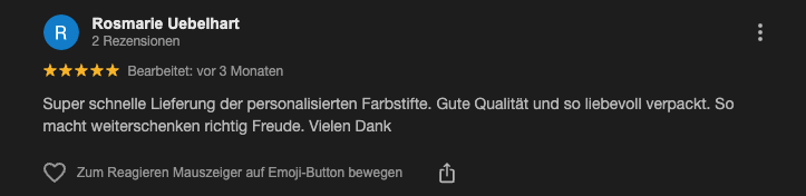 Kundenbewertung zu personalisierten Farbstiften mit schneller Lieferung und guter Qualität