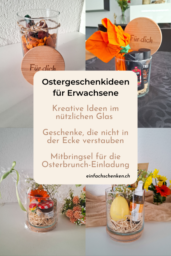 Mehrere Ostergeschenke im Glas mit Blumen, kleinen Produkten und Dekoration, kreative DIY Ideen für Erwachsene als Mitbringsel zum Osterbrunch