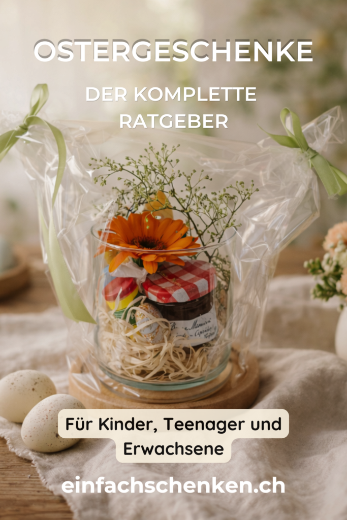 Ostergeschenk im Glas mit Blumen und kleinen Produkten, stilvoll dekoriert, Pinterest Pin für Ostergeschenke Ratgeber für Kinder, Teenager und Erwachsene