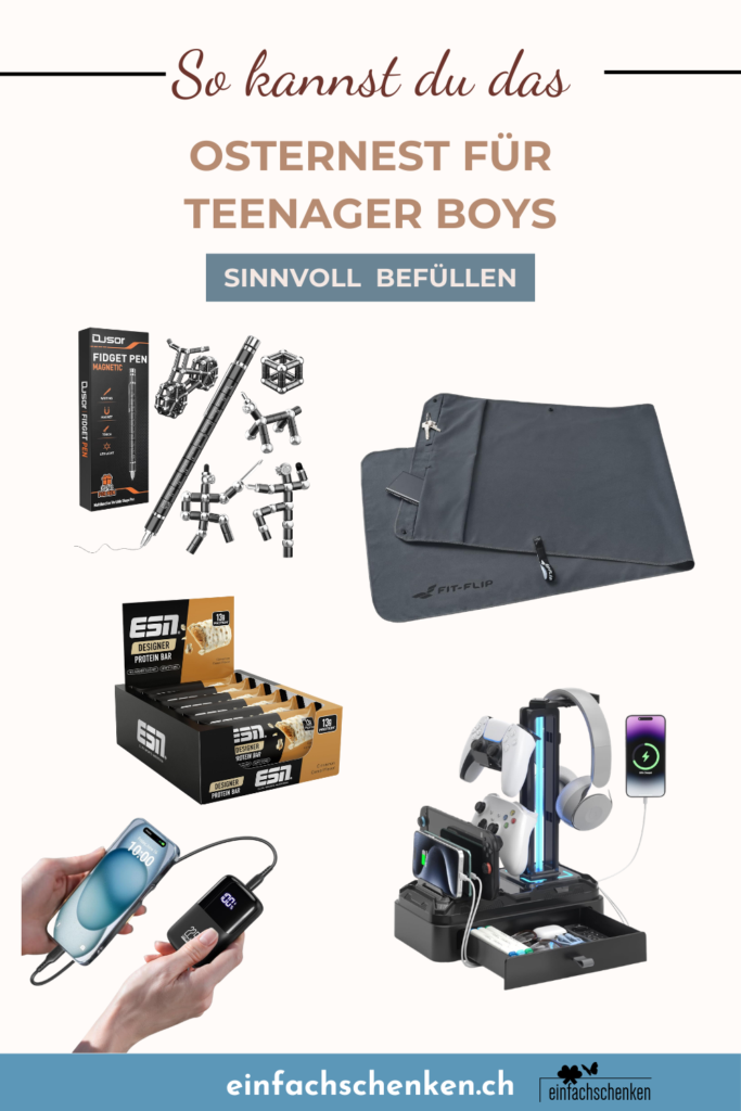 Übersicht mit Geschenkideen für Teenager Jungen, darunter Gadgets, Powerbank, Fidget Toy und Organizer, moderner Pinterest Pin für Ostergeschenke ohne Schokolade