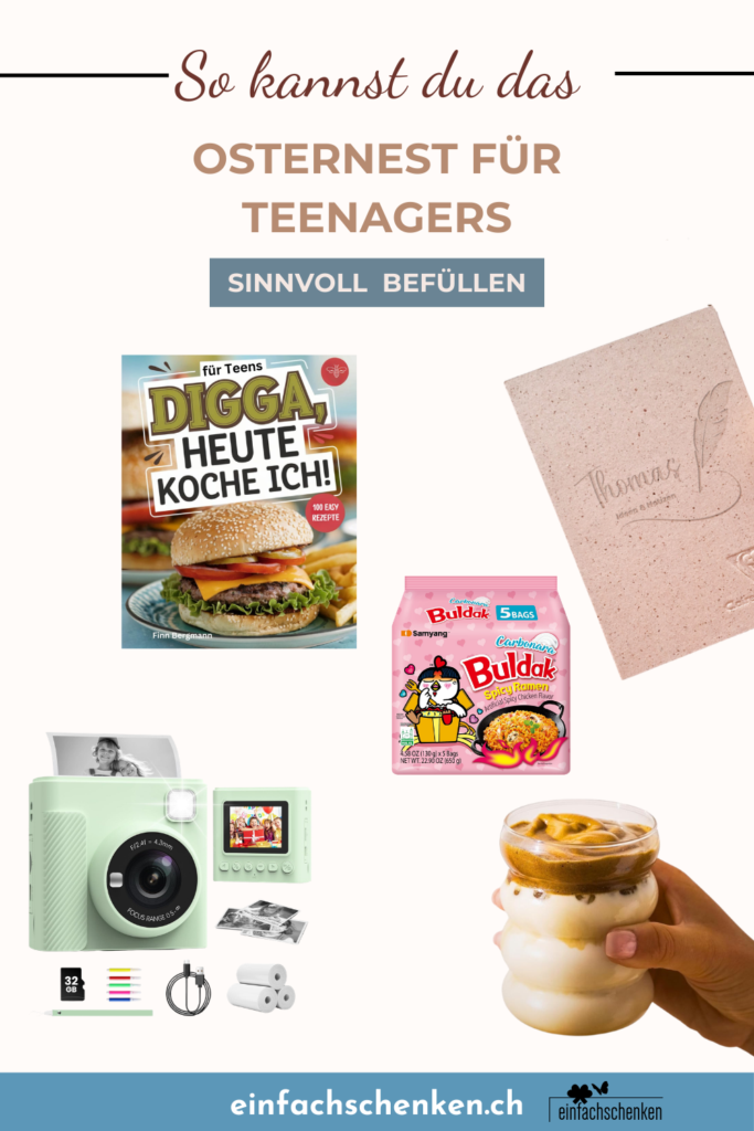 Moderne Geschenkideen für Teenager im Osternest, darunter Kamera, Snacks, Notizbuch und Gadgets, Pinterest Pin für coole und sinnvolle Ostergeschenke ohne Schokolade