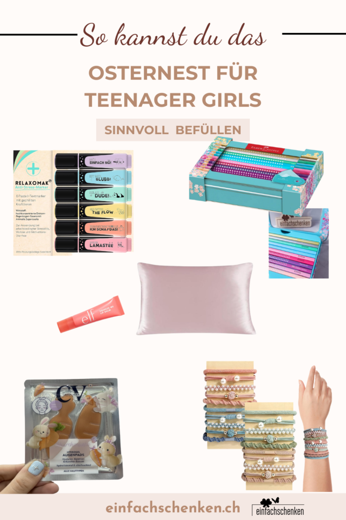 Geschenkideen für Teenager Mädchen, darunter Beauty Produkte, Schmuck, kreative Sets und Accessoires, moderner Pinterest Pin für Ostergeschenke ohne Schokolade