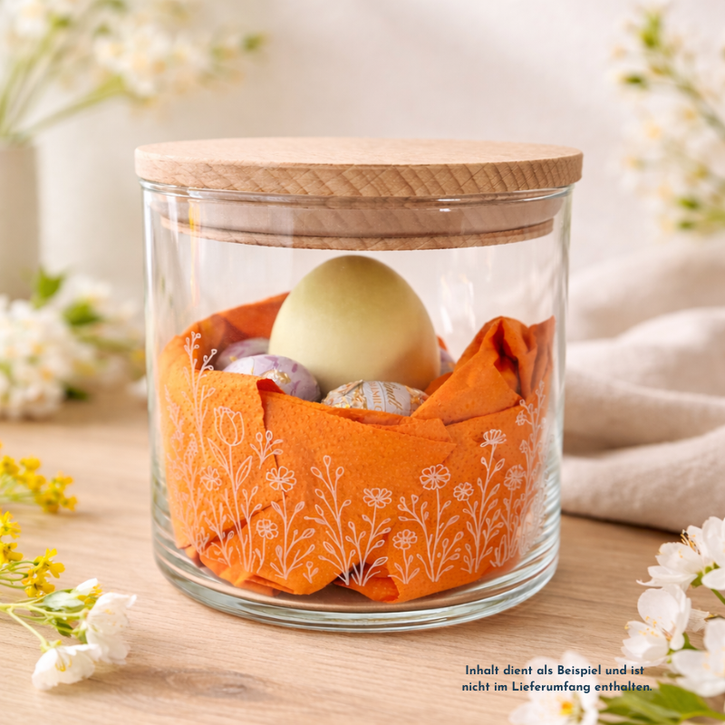 Osternest im Glas mit Holzdeckel als Geschenkidee zu Ostern, dekorativ befüllt mit Ei und Schokolade (Inhalt dient als Beispiel)