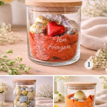 Personalisiertes Osternest im Glas als Ostergeschenk mit Holzdeckel, Geschenkidee für Erwachsene, Frauen, Freundin, Arbeitskollegin, Mitarbeiterin, Mitbringsel für den Osterbrunch, 3 Designs wählbar.