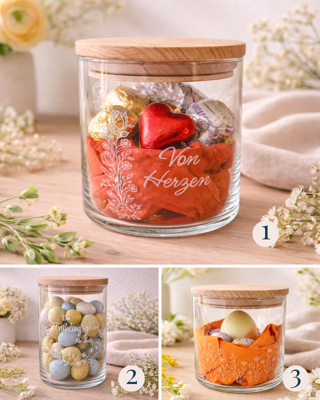 Personalisiertes Osternest im Glas als Ostergeschenk mit Holzdeckel, Geschenkidee für Erwachsene, Frauen, Freundin, Arbeitskollegin, Mitarbeiterin, Mitbringsel für den Osterbrunch, 3 Designs wählbar.