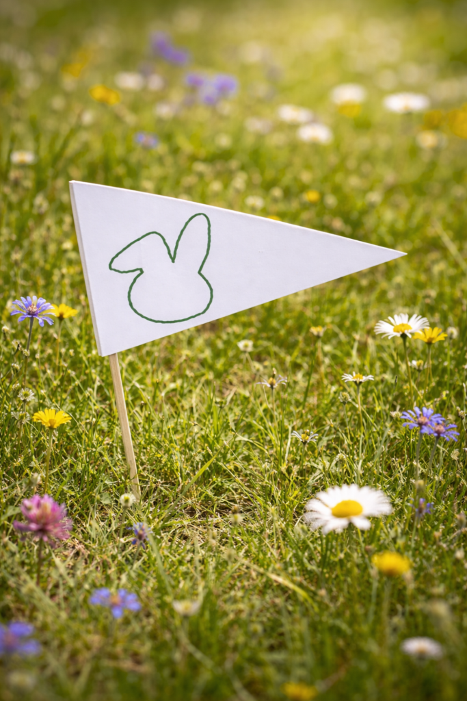 Fähnchen mit Hasenmotiv als Wegweiser für eine Osternest-Suche für Kleinkinder in einer Blumenwiese im Garten
