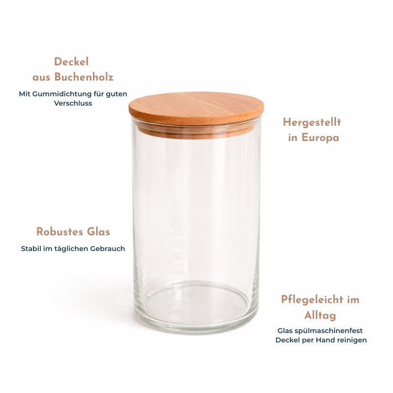 Robustes Aufbewahrungsglas mit Deckel aus Buchenholz und Gummidichtung für guten Verschluss, hergestellt in Europa, personalisiert mit Gravur