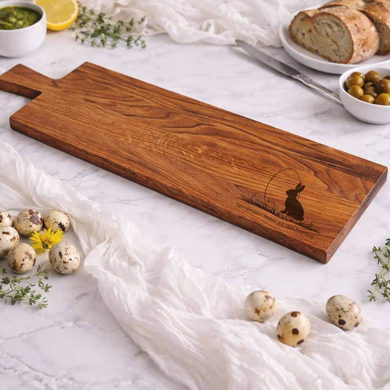 Personalisiertes Schneidebrett aus Eichenholz mit Oster-Gravur, ideal als Geschenkidee für Ostern oder für den Osterbrunch.