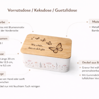 Infografik einer personalisierten Keksdose mit Bambusdeckel und Gravur, zeigt Material, Masse, Volumen und Pflegehinweise der Vorratsdose.