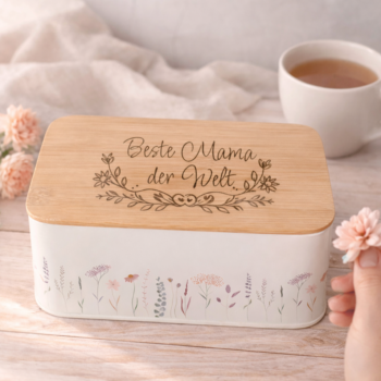 Keksdose Aufbewahrungsdose mit Holzdeckel und Gravur „Beste Mama der Welt“, dekoriert mit Blumenmotiv – Geschenkidee zum Muttertag