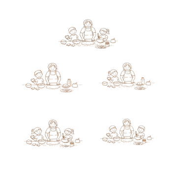 Übersicht mit verschiedenen Gravur-Motiven einer Familie beim Backen für Keksdose mit Holzdeckel, Auswahl an Designs für personalisierte Geschenkidee zum Muttertag