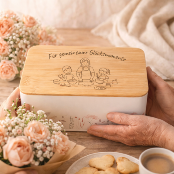Keksdose mit Holzdeckel und Gravur „Für gemeinsame Glücksmomente“, Motiv mit Familie beim Backen, liebevolles Geschenk zum Muttertag, Geschenk für Oma, Schwiegermutter, Grossmutter