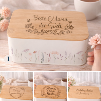 Keksdose mit Holzdeckel in vier verschiedenen Gravur-Designs für Mama, Übersicht der Motive „Beste Mama der Welt“, „Du bist unser Herz“, „Mama du bist die Beste“ und „Lieblingskekse für Mama“, Geschenk zum Muttertag, für die Schwiegermutter
