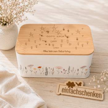 Personalisierte Keksdose mit Bambusdeckel und gravierter Kinderzeichnung sowie Text „Alles liebi zum Geburtstag“, liebevolles Geschenk für Gotti, Oma oder Mama.