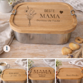 Übersicht von vier personalisierbaren Lunchbox-Designs mit Bambusdeckel für Mama, darunter Varianten mit Gravuren wie „Beste Mama“, „Kleine Auszeit“ und individuellem Text, als Geschenk zum Muttertag.