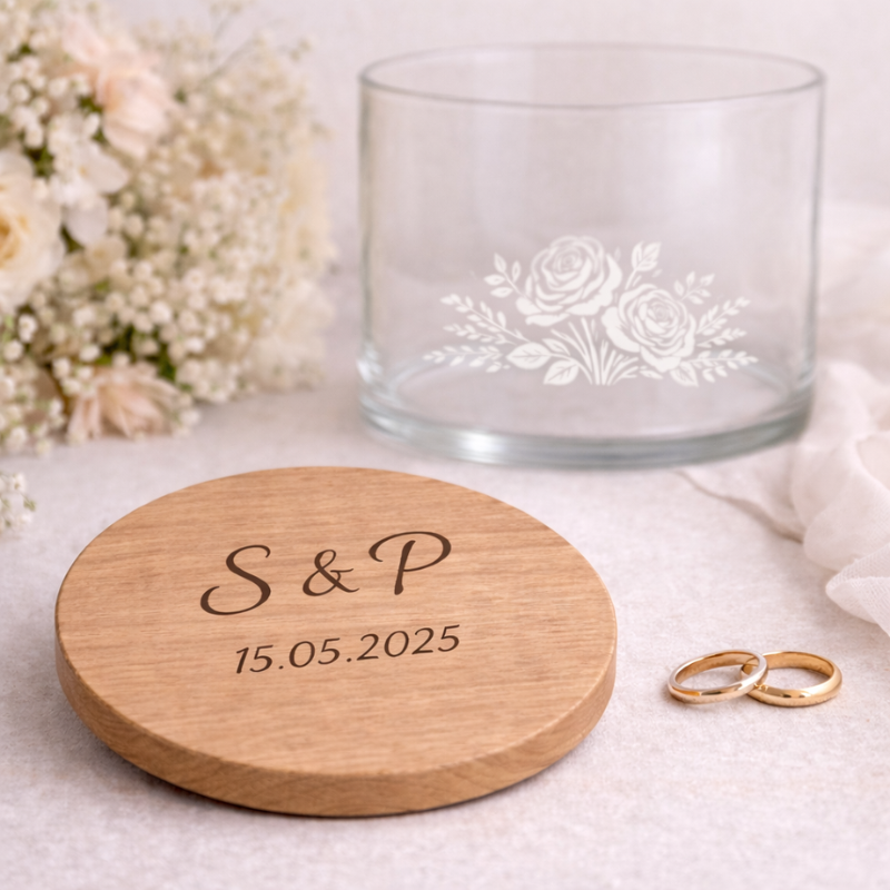 Vorratsglas aus Glas mit Holzdeckel, graviert mit Initialen und Datum, personalisierbar als Geschenk zur Hochzeit oder Verlobung.