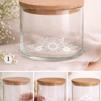 Glasbehälter mit Holzdeckel und vier auswählbaren Blumenmotiven (Sonnenblume, Tulpen, Rosen, Gänseblümchen) als Gravur, personalisierbar und dargestellt als Motivübersicht.
