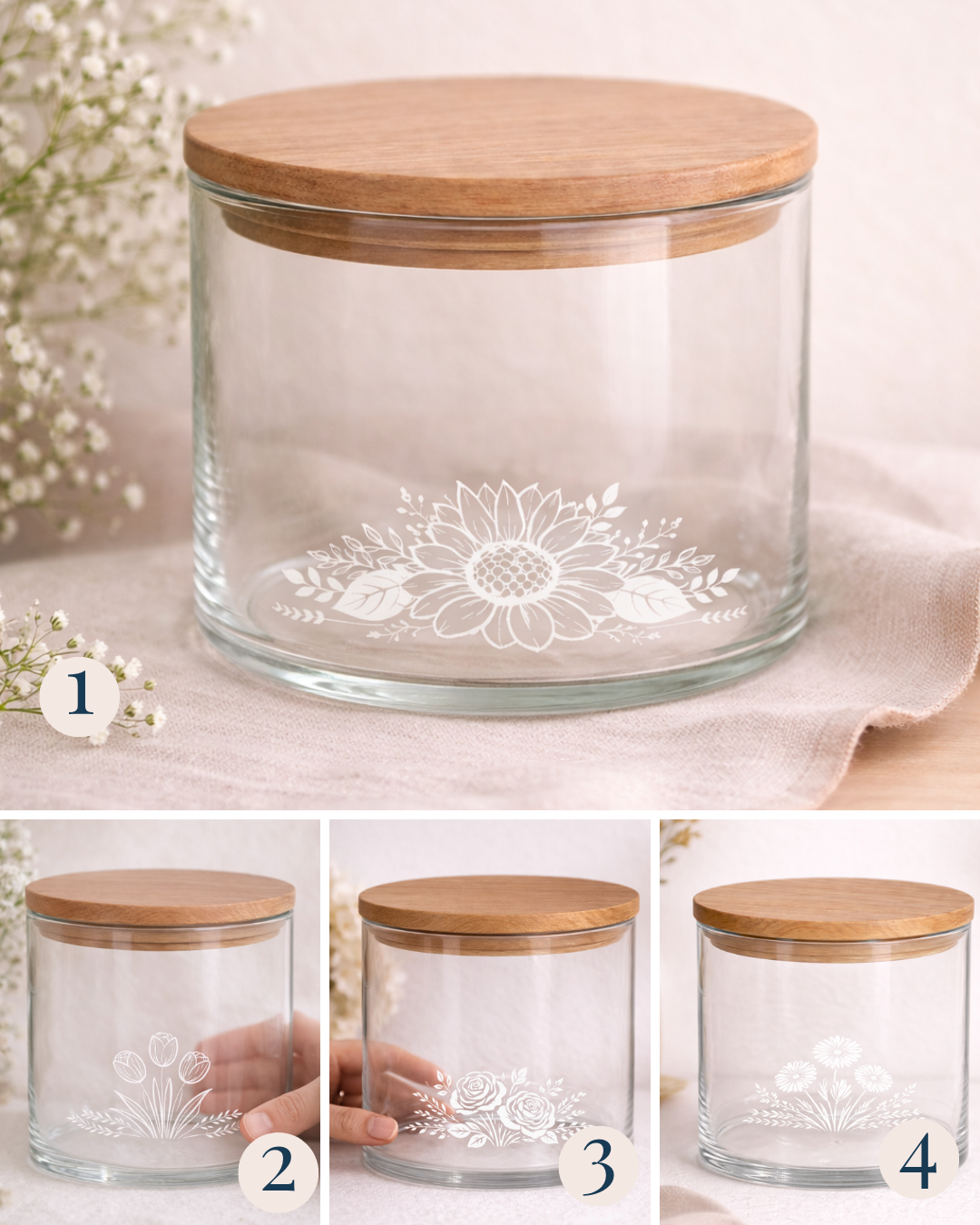 Glasbehälter mit Holzdeckel und vier auswählbaren Blumenmotiven (Sonnenblume, Tulpen, Rosen, Gänseblümchen) als Gravur, personalisierbar und dargestellt als Motivübersicht.