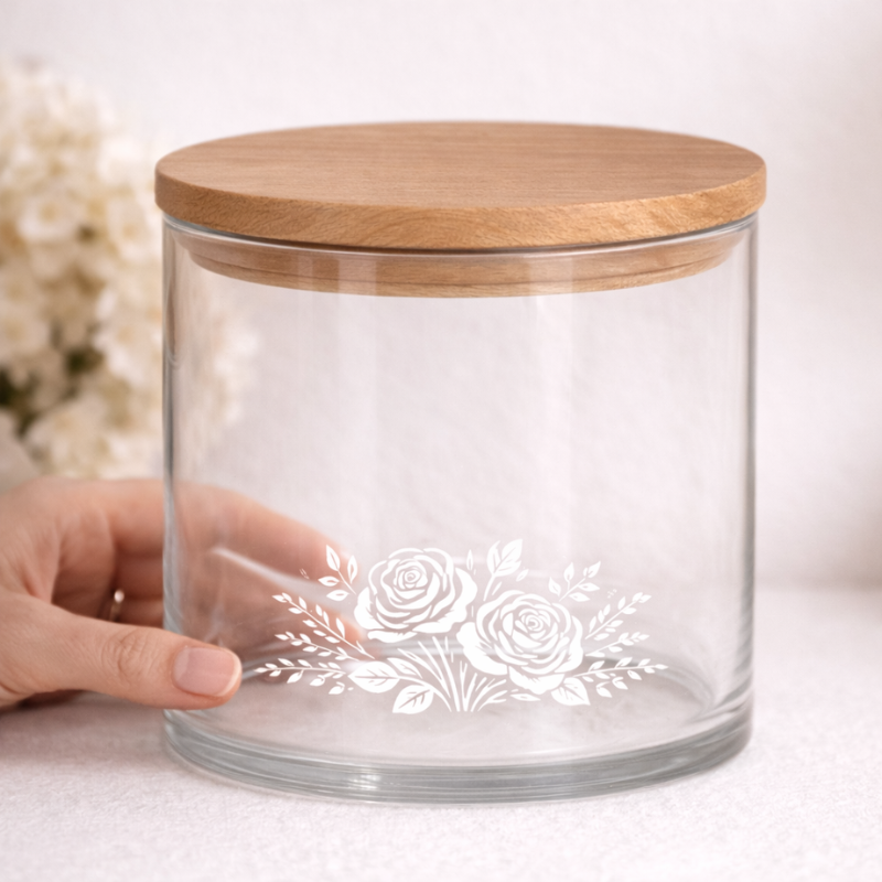 Rundes Vorratsglas aus Glas mit Holzdeckel, verziert mit einer feinen Rosen-Gravur und optional personalisierbarem Deckel, ideal zur Aufbewahrung.