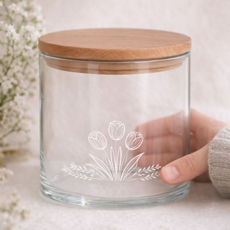 Rundes Vorratsglas aus Glas mit Holzdeckel und filigraner Tulpen-Gravur, personalisierbar auf dem Deckel, geeignet zur dekorativen Aufbewahrung.
