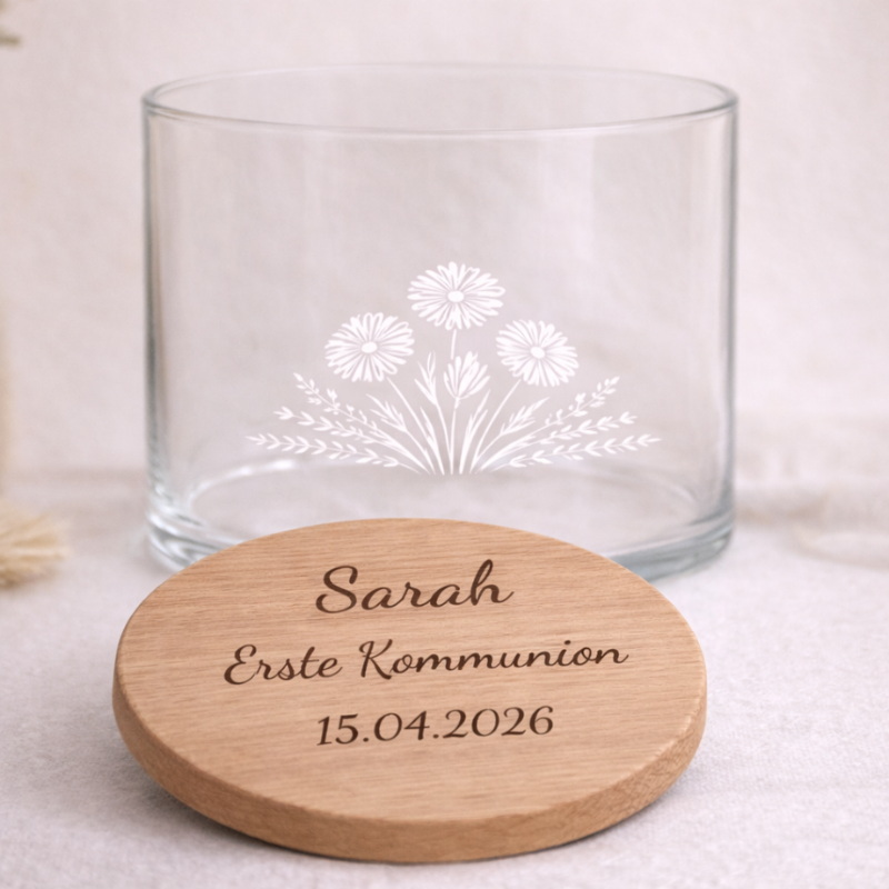 Vorratsglas aus Glas mit Holzdeckel, graviert mit Name, Kommunion und Datum, personalisierbar als Geschenk zur Erstkommunion, Konfirmation, Firmung
