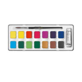 Geöffneter Caran d’Ache Farbkasten mit 14 Aquarellfarben, Pinsel und weisser Gouache auf weissem Hintergrund.