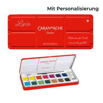 Personalisierter roter Caran d’Ache Farbkasten mit Aquarellfarben, Name und Wunschtext als kreatives Geschenk für Kinder.