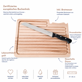 Infografik eines personalisierbaren Schneidebretts aus europäischem Buchenholz mit Brotmesser, Gravur und geölter Oberfläche.