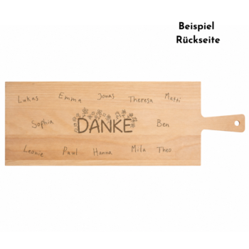 Personalisiertes Apérobrett, Zopfbrett, Brotbrett, Schneidebrett aus Buchenholz mit Danke-Gravur und Kinderunterschriften als Abschiedsgeschenk für eine Lehrperson.