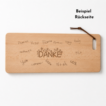 Personalisiertes Zopfbrett aus Buchenholz mit Danke-Gravur und Kinderunterschriften als Abschiedsgeschenk für eine Lehrperson.