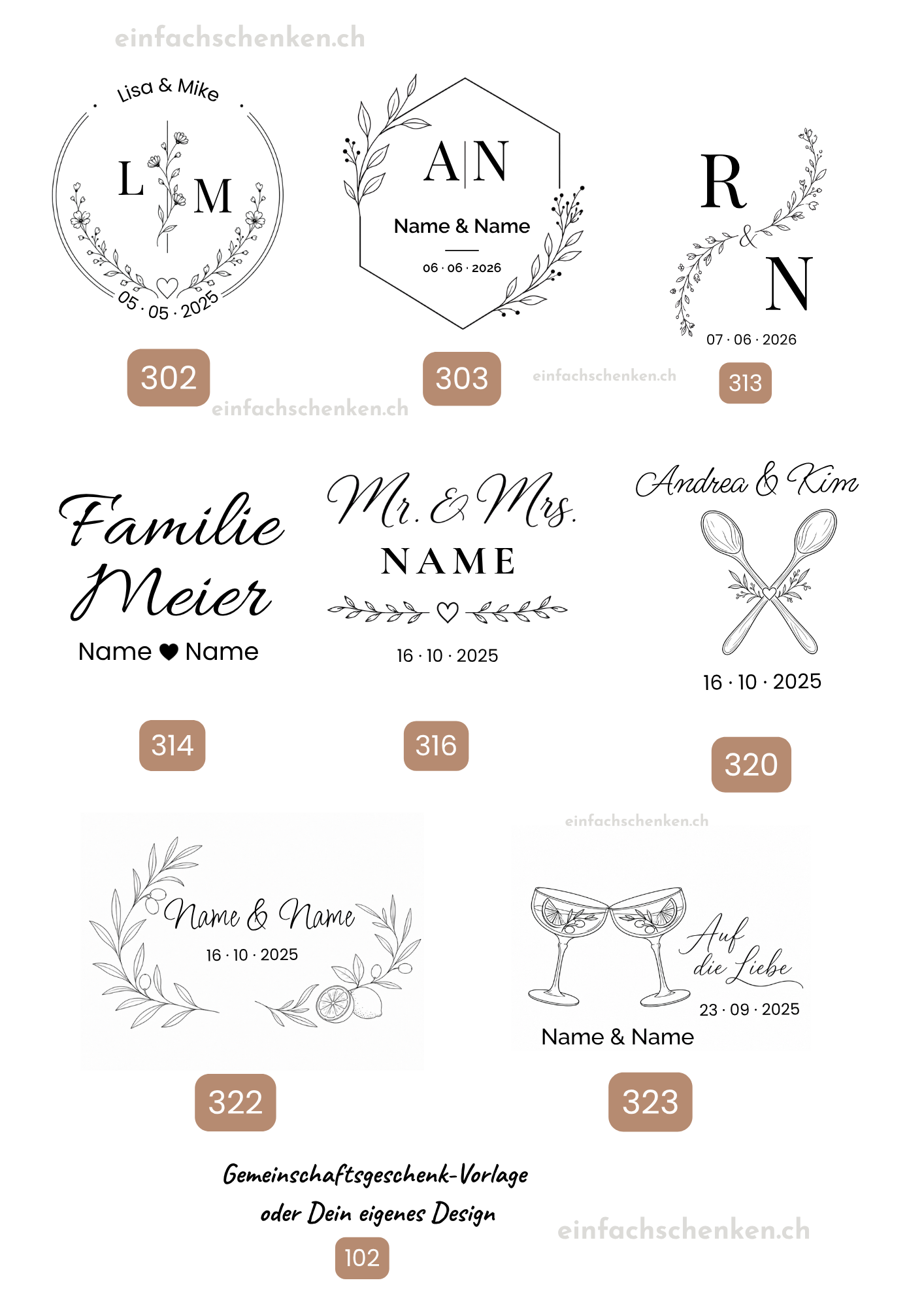 Motivübersicht für das personalisierte Apérobrett und Servierbrett aus Buchenholz: neun Gravur-Motive zur Hochzeit mit Nummern, darunter Monogramme, Mr. und Mrs., Kochlöffel, Olivenzweig und anstossende Gläser