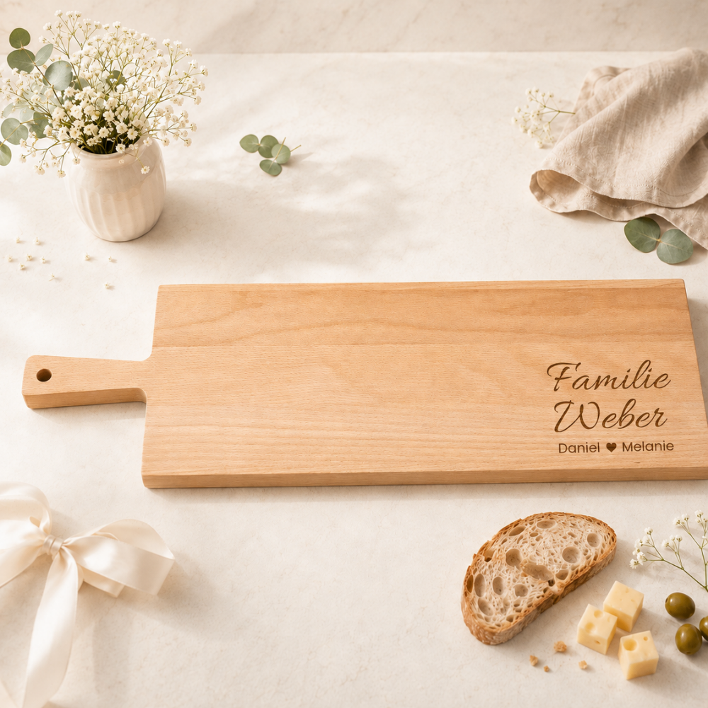 Apérobrett und Servierbrett aus Buchenholz mit Griff, personalisiert mit Gravur Familie und Nachname sowie beiden Vornamen mit Herz, als Hochzeitsgeschenk mit Brot und Käse angerichtet