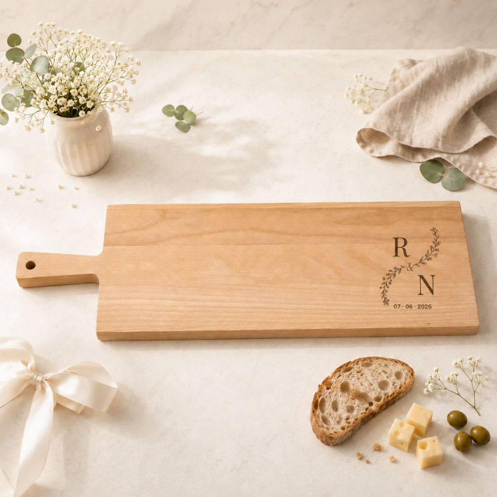 Apérobrett und Servierbrett aus Buchenholz mit Griff, personalisiert mit Hochzeitsgravur: Monogramm aus zwei Initialen mit Blattzweig und Hochzeitsdatum, angerichtet mit Brot, Käse und Oliven