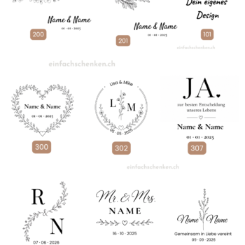 Übersicht der Hochzeits-Gravur-Motive für das personalisierte Apérobrett aus Eichenholz von einfachschenken, mit Zweigmotiven, Blumenkranz, Monogramm, Sprüchen und Mr and Mrs