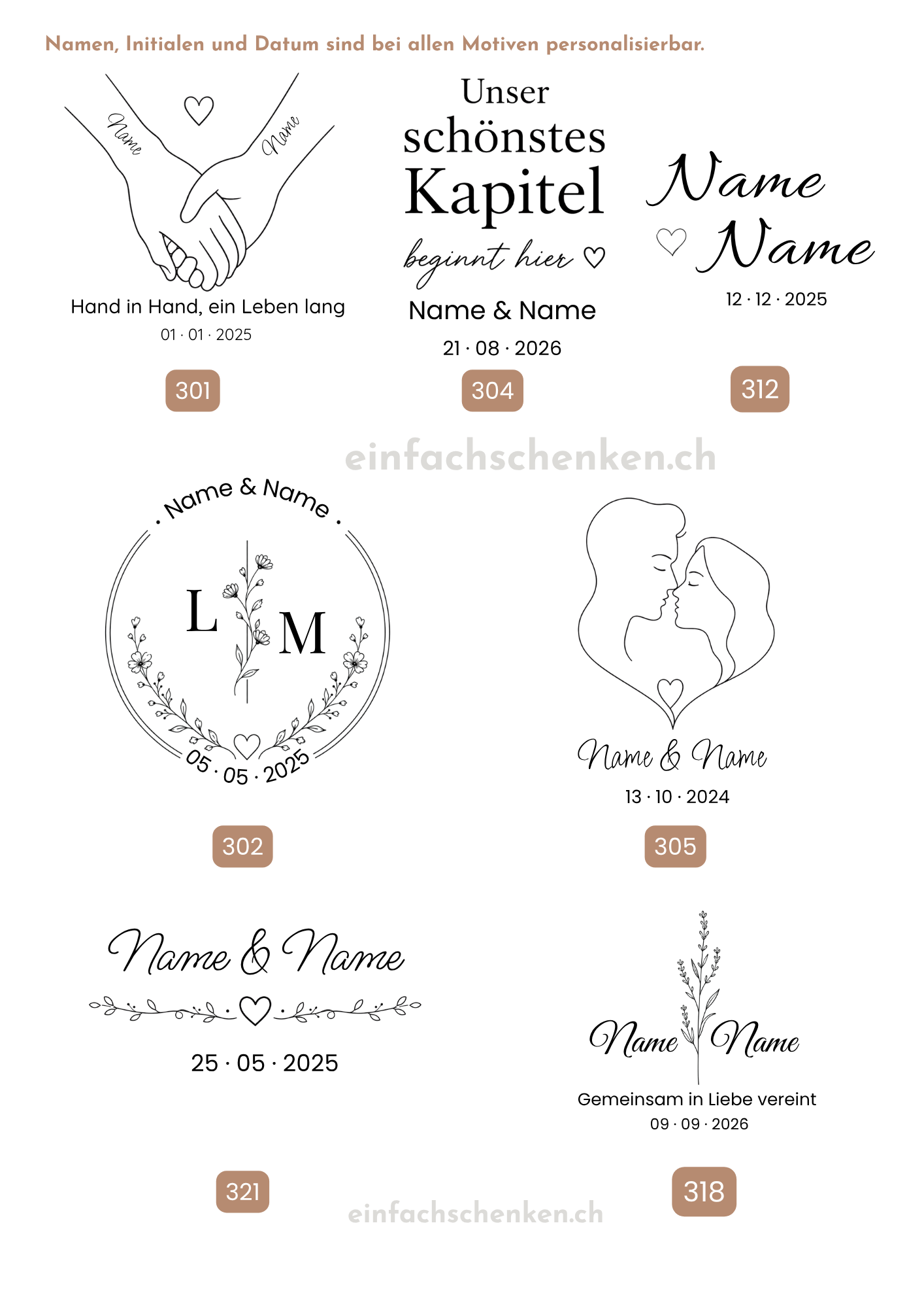 Übersicht der 7 Motive für die Glasgravur der personalisierten Hochzeits-Vorratsgläser von einfachschenken: händchenhaltendes Paar, Sprüche, Blumenkranz-Monogramm und Line-Art-Paar