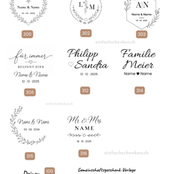 Übersicht der Hochzeits-Gravur-Motive für die personalisierte Keksdose von einfachschenken, mit Blumenkranz, Monogramm, Sprüchen, Kalligrafie-Namen, Mr and Mrs sowie Wunschtext und eigenem Design