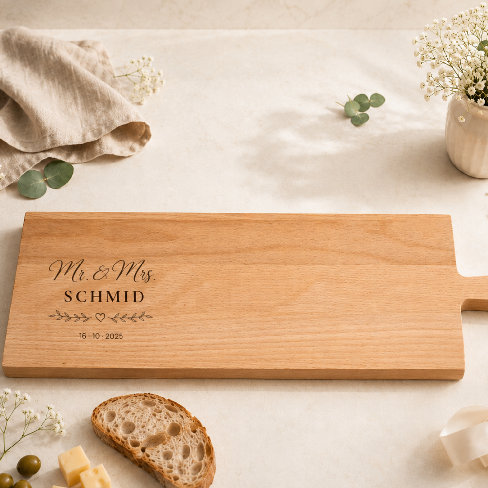 Nahaufnahme eines Servierbretts aus Buchenholz mit Hochzeitsgravur Mr. und Mrs. mit Familiennamen, Blattzweig mit Herz und Hochzeitsdatum, daneben Brot, Käse und Oliven