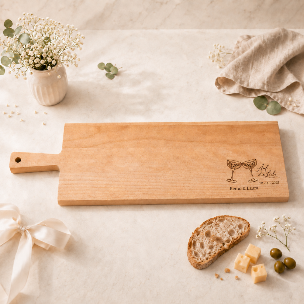 Servierbrett und Apérobrett aus Buchenholz mit Griff, personalisiert mit Hochzeitsgravur: zwei anstossende Gläser mit Schriftzug Auf die Liebe, Namen des Brautpaars und Hochzeitsdatum