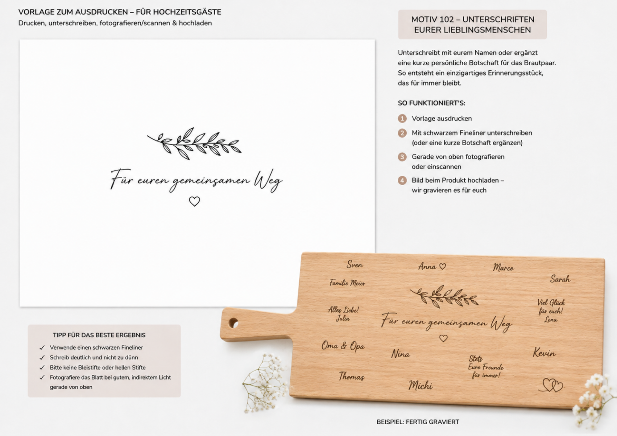 Anleitung zu Motiv 102 für das Apérobrett aus Buchenholz: Vorlage zum Ausdrucken für Unterschriften der Hochzeitsgäste, vier Schritte zum Hochladen und Beispiel eines fertig gravierten Bretts mit Namen und Botschaften für ein Gemeinschaftsgeschenk